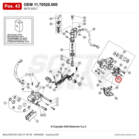 BETA BOLT – OEM 11.70520.000, position 43 on the Beta SINCRO 300 2T MY26 brakes drawing