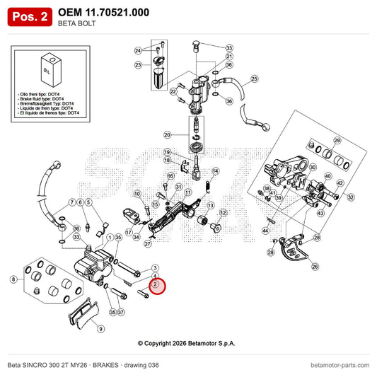 BETA BOLT – OEM 11.70521.000, position 2 on the Beta SINCRO 300 2T MY26 brakes drawing
