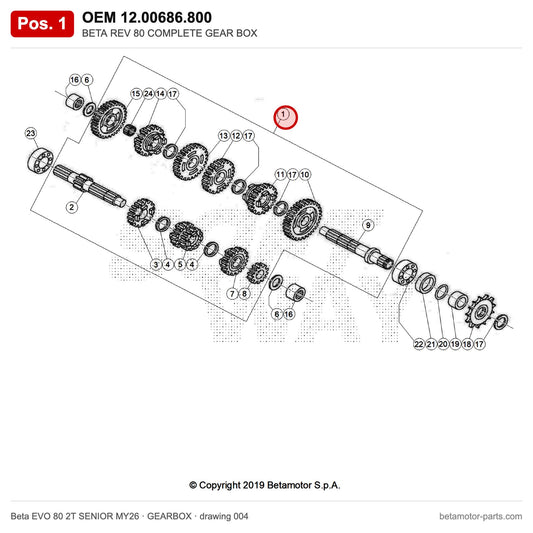 BETA REV 80 COMPLETE GEAR BOX – OEM 12.00686.800, position 1 on the Beta EVO 80 2T SENIOR MY26 gearbox drawing