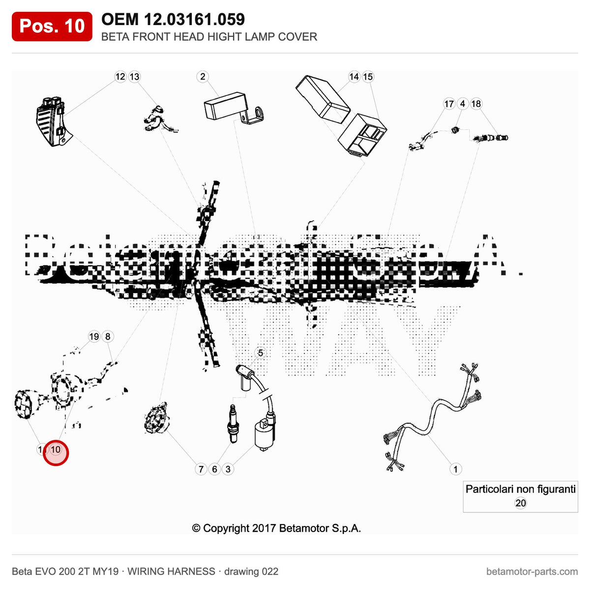 BETA FRONT HEAD HIGHT LAMP COVER – OEM 12.03161.059, position 10 on the Beta EVO 200 2T MY19 wiring harness drawing