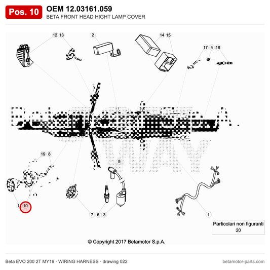 BETA FRONT HEAD HIGHT LAMP COVER – OEM 12.03161.059, position 10 on the Beta EVO 200 2T MY19 wiring harness drawing