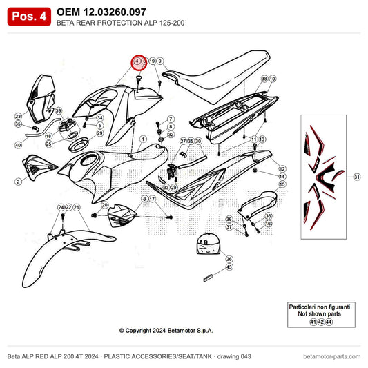 BETA REAR PROTECTION ALP 125-200 – OEM 12.03260.097, position 4 on the Beta ALP RED ALP 200 4T 2024 plastic accessories/seat/tank drawing