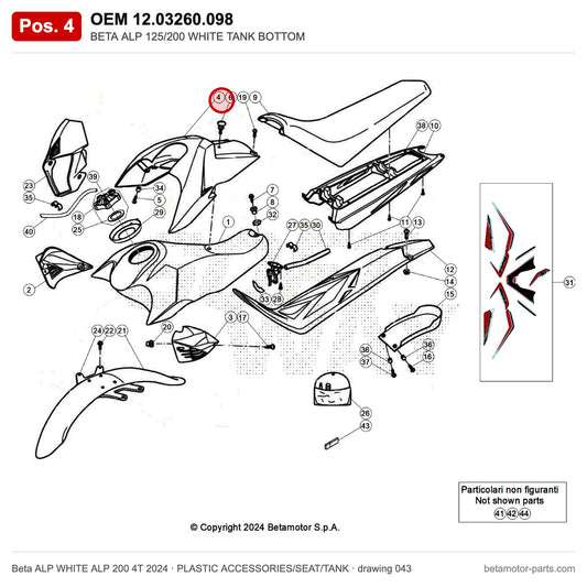 BETA ALP 125/200 WHITE TANK BOTTOM – OEM 12.03260.098, position 4 on the Beta ALP WHITE ALP 200 4T 2024 plastic accessories/seat/tank drawing