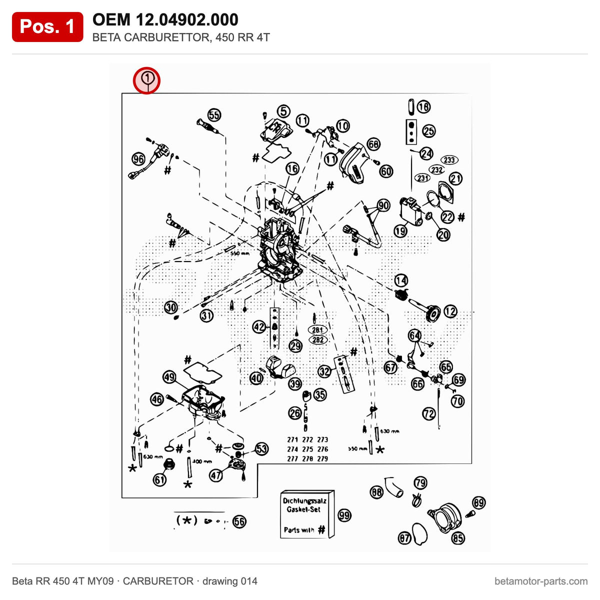 BETA CARBURETTOR, 450 RR 4T – OEM 12.04902.000, position 1 on the Beta RR 450 4T MY09 carburetor drawing