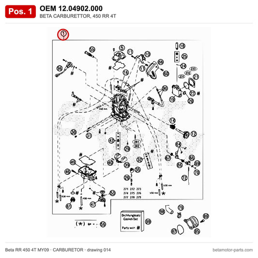 BETA CARBURETTOR, 450 RR 4T – OEM 12.04902.000, position 1 on the Beta RR 450 4T MY09 carburetor drawing