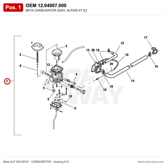BETA CARBURATOR ASSY, ALP200 4T E2 – OEM 12.04907.000, shown on the Beta ALP 200 MY07 carburetor drawing