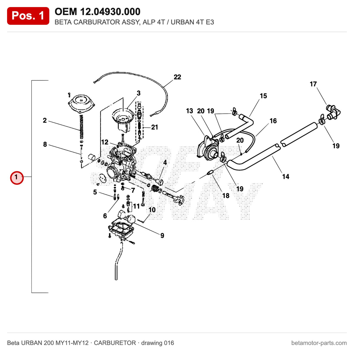 BETA CARBURATOR ASSY, ALP 4T / URBAN 4T E3 – OEM 12.04930.000, position 1 on the Beta URBAN 200 MY11-MY12 carburetor drawing