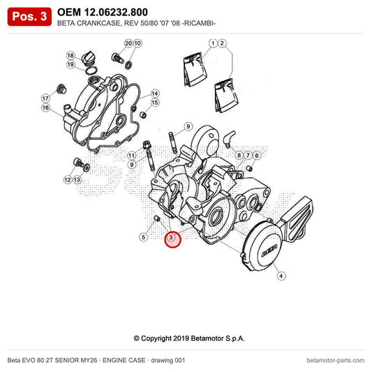BETA CRANKCASE, REV 50/80 '07 '08 -RICAMBI- – OEM 12.06232.800, position 3 on the Beta EVO 80 2T SENIOR MY26 engine case drawing