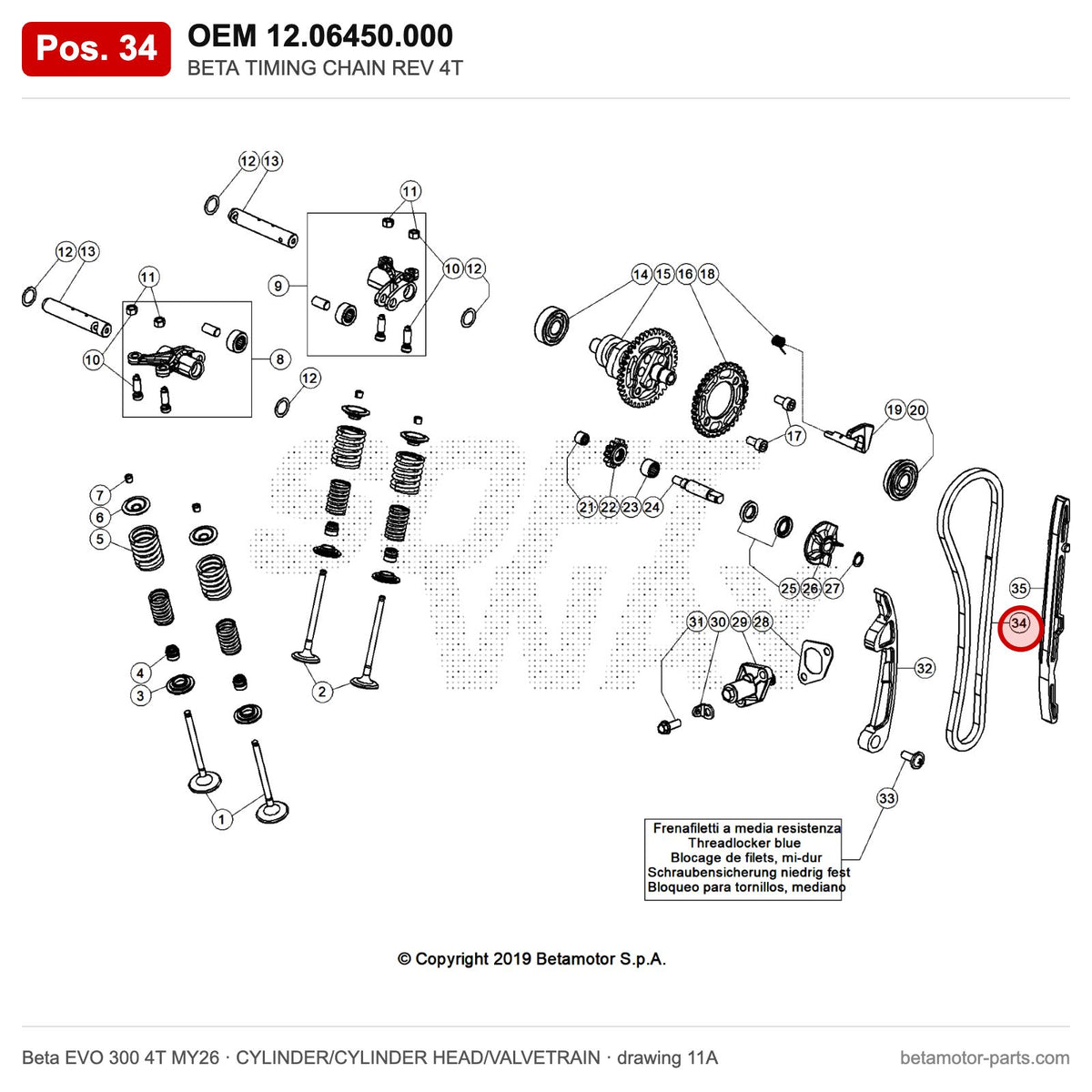 BETA TIMING CHAIN REV 4T – OEM 12.06450.000, position 34 on the Beta EVO 300 4T MY26 cylinder/cylinder head/valvetrain drawing