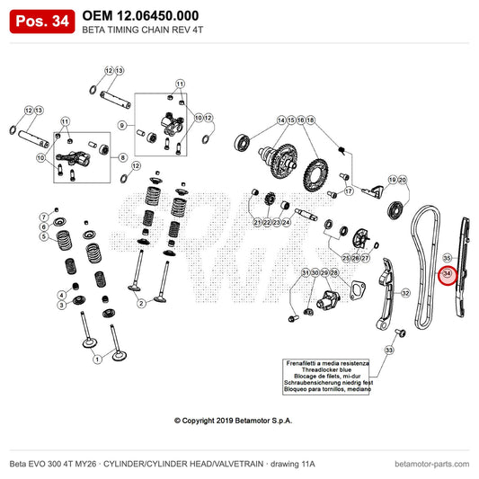 BETA TIMING CHAIN REV 4T – OEM 12.06450.000, position 34 on the Beta EVO 300 4T MY26 cylinder/cylinder head/valvetrain drawing