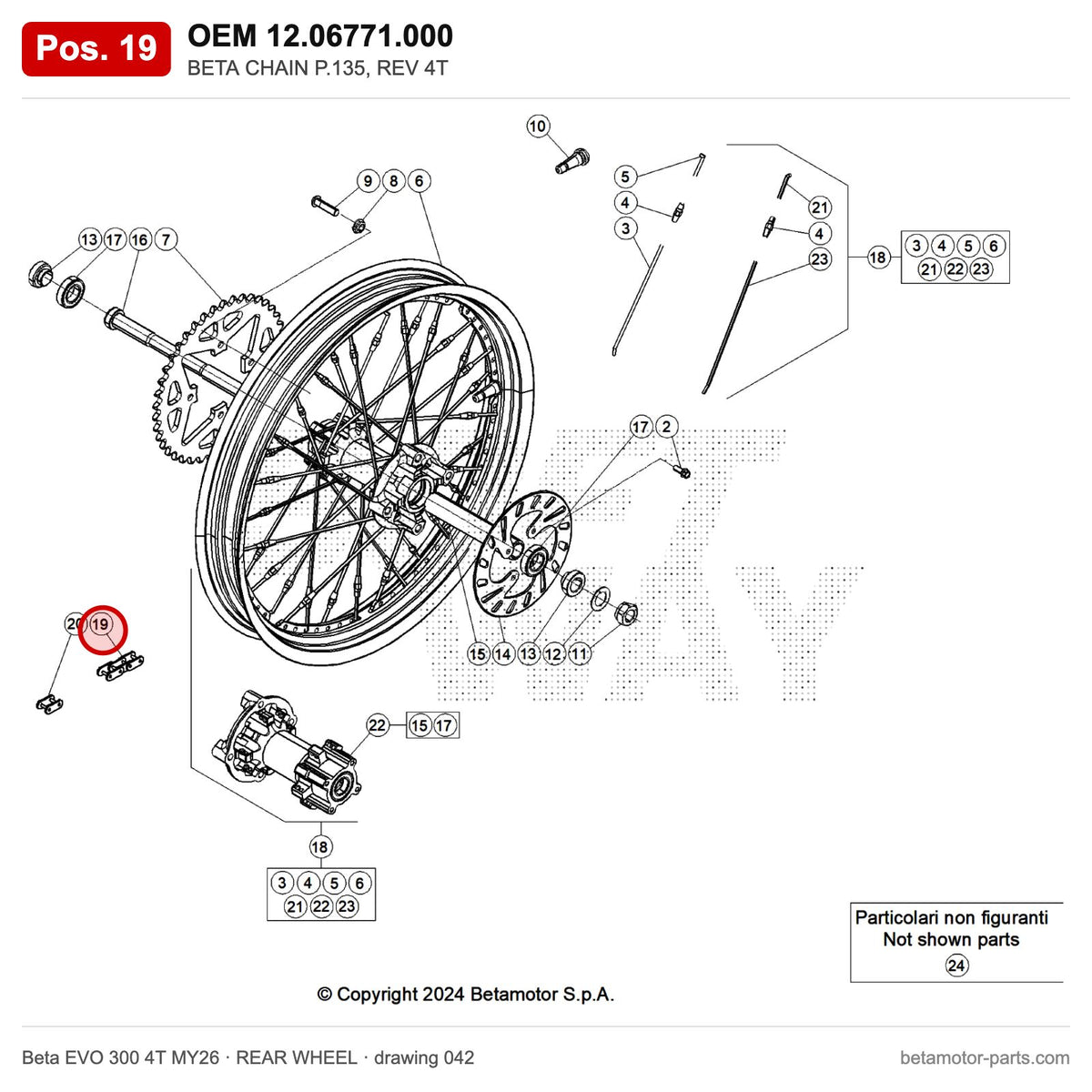 BETA CHAIN P.135, REV 4T – OEM 12.06771.000, position 19 on the Beta EVO 300 4T MY26 rear wheel drawing