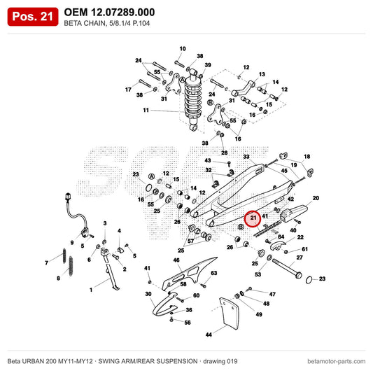 BETA CHAIN, 5/8.1/4 P.104 – OEM 12.07289.000, position 21 on the Beta URBAN 200 MY11-MY12 swing arm/rear suspension drawing
