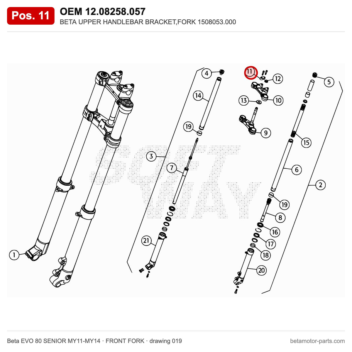 BETA UPPER HANDLEBAR BRACKET,FORK 1508053.000 – OEM 12.08258.057, position 11 on the Beta EVO 80 SENIOR MY11-MY14 front fork drawing