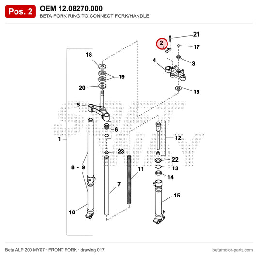 BETA FORK RING TO CONNECT FORK/HANDLE – OEM 12.08270.000, position 2 on the Beta ALP 200 MY07 front fork drawing