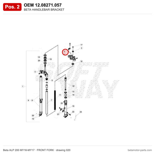 BETA HANDLEBAR BRACKET – OEM 12.08271.057, position 2 on the Beta ALP 200 MY16-MY17 front fork drawing