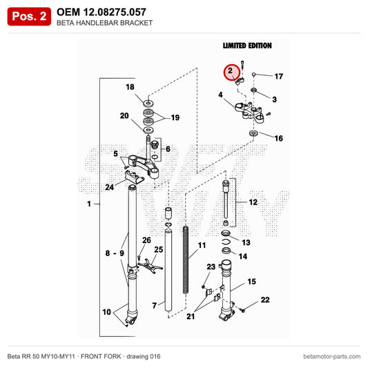 BETA HANDLEBAR BRACKET – OEM 12.08275.057, position 2 on the Beta RR 50 MY10-MY11 front fork drawing
