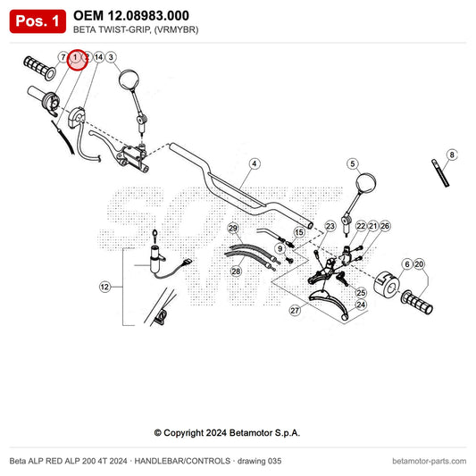 BETA TWIST-GRIP, (VRMYBR) – OEM 12.08983.000, position 1 on the Beta ALP RED ALP 200 4T 2024 handlebar/controls drawing