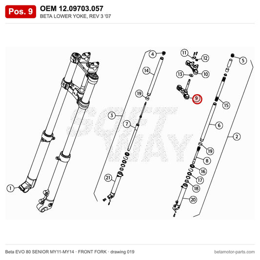 BETA LOWER YOKE, REV 3 '07 – OEM 12.09703.057, position 9 on the Beta EVO 80 SENIOR MY11-MY14 front fork drawing