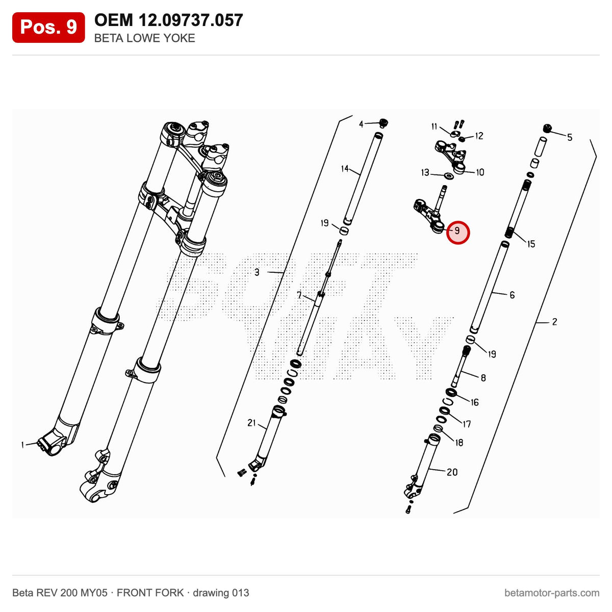 BETA LOWE YOKE – OEM 12.09737.057, position 9 on the Beta REV 200 MY05 front fork drawing