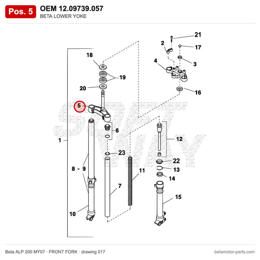 BETA LOWER YOKE – OEM 12.09739.057, position 5 on the Beta ALP 200 MY07 front fork drawing