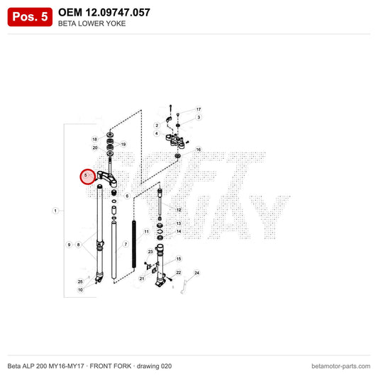 BETA LOWER YOKE – OEM 12.09747.057, position 5 on the Beta ALP 200 MY16-MY17 front fork drawing