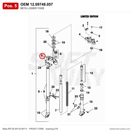 BETA LOWER YOKE – OEM 12.09748.057, position 5 on the Beta RR 50 MY10-MY11 front fork drawing
