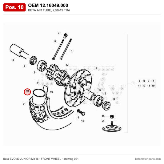 BETA AIR TUBE, 2,50-19 TR4 – OEM 12.16049.000, position 10 on the Beta EVO 80 JUNIOR MY16 front wheel drawing