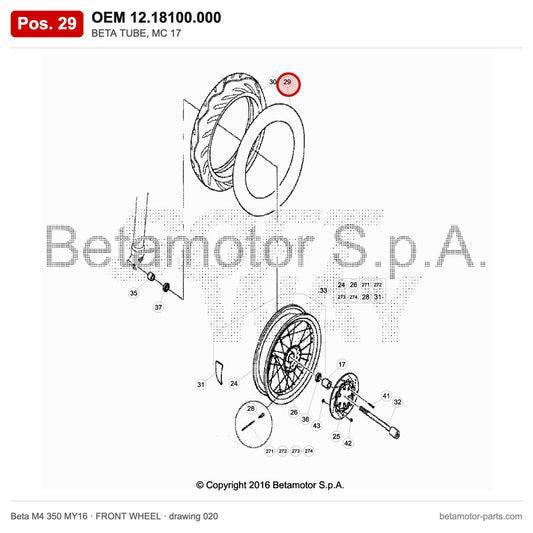 BETA TUBE, MC 17 – OEM 12.18100.000, position 29 on the Beta M4 350 MY16 front wheel drawing