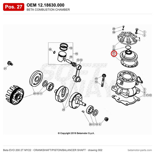 BETA COMBUSTION CHAMBER – OEM 12.18630.000, position 27 on the Beta EVO 200 2T MY22 crankshaft/piston/balancer shaft drawing