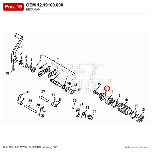 BETA CAM – OEM 12.19100.000, position 16 on the Beta REV 250 MY06 shifting drawing