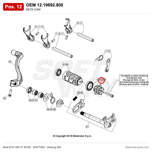 BETA CAM – OEM 12.19692.800, position 12 on the Beta EVO 300 4T MY26 shifting drawing
