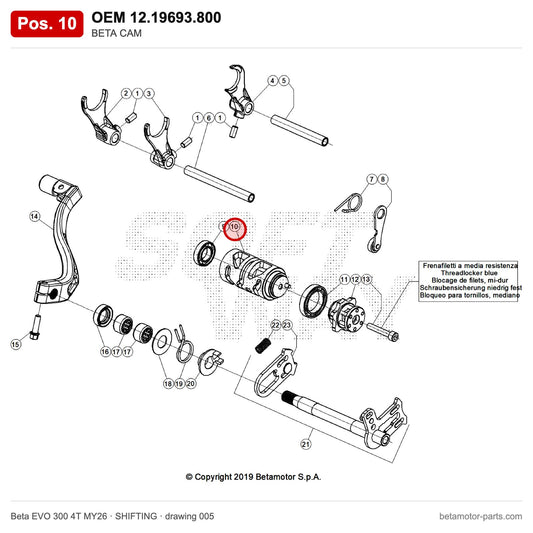 BETA CAM – OEM 12.19693.800, position 10 on the Beta EVO 300 4T MY26 shifting drawing