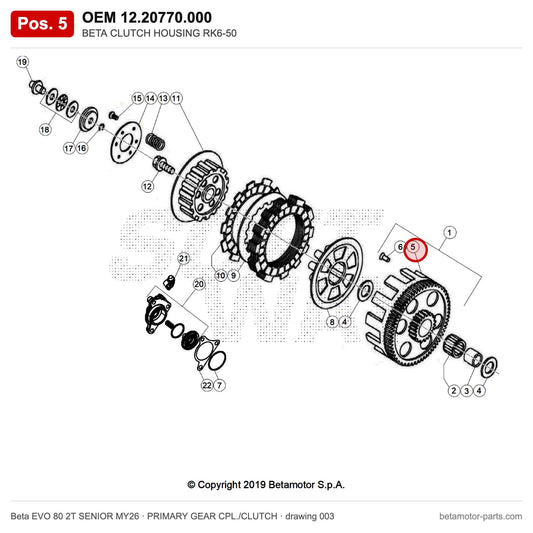 BETA CLUTCH HOUSING RK6-50 – OEM 12.20770.000, position 5 on the Beta EVO 80 2T SENIOR MY26 primary gear cpl./clutch drawing