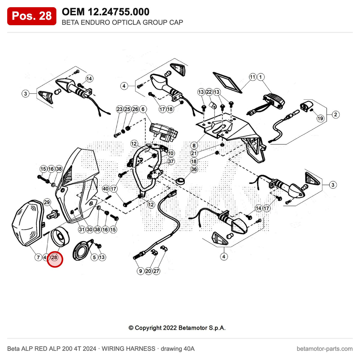 BETA ENDURO OPTICLA GROUP CAP – OEM 12.24755.000, position 28 on the Beta ALP RED ALP 200 4T 2024 wiring harness drawing