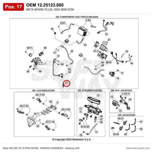 BETA SPARK PLUG, NGK BR8 ECM – OEM 12.25123.000, position 17 on the Beta RR 250 2T X-PRO MY26 wiring harness drawing