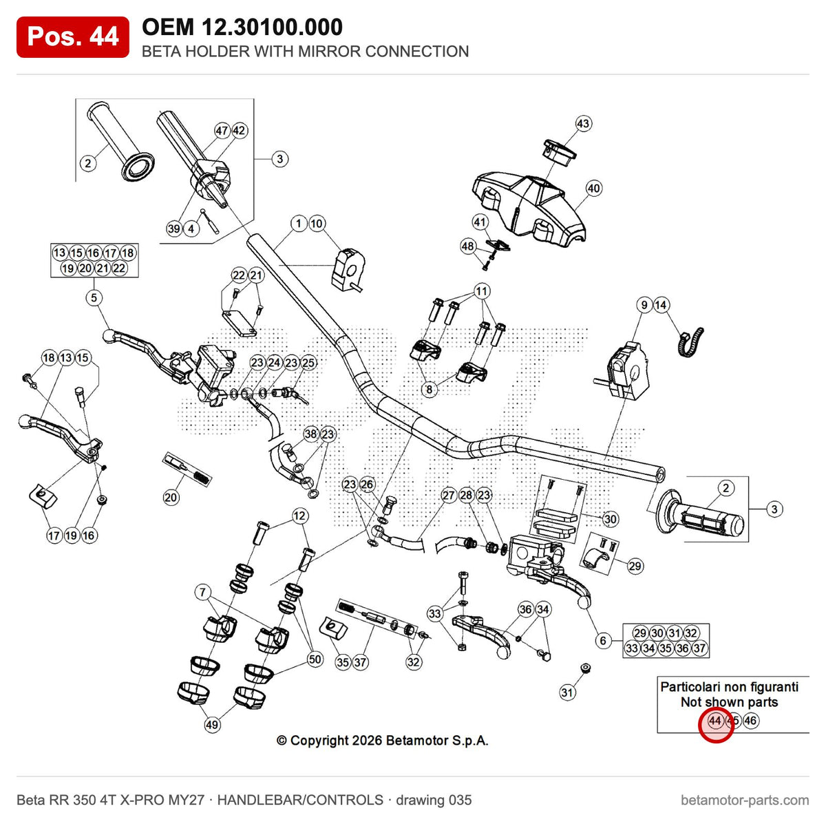 BETA HOLDER WITH MIRROR CONNECTION – OEM 12.30100.000, position 44 on the Beta RR 350 4T X-PRO MY27 handlebar/controls drawing