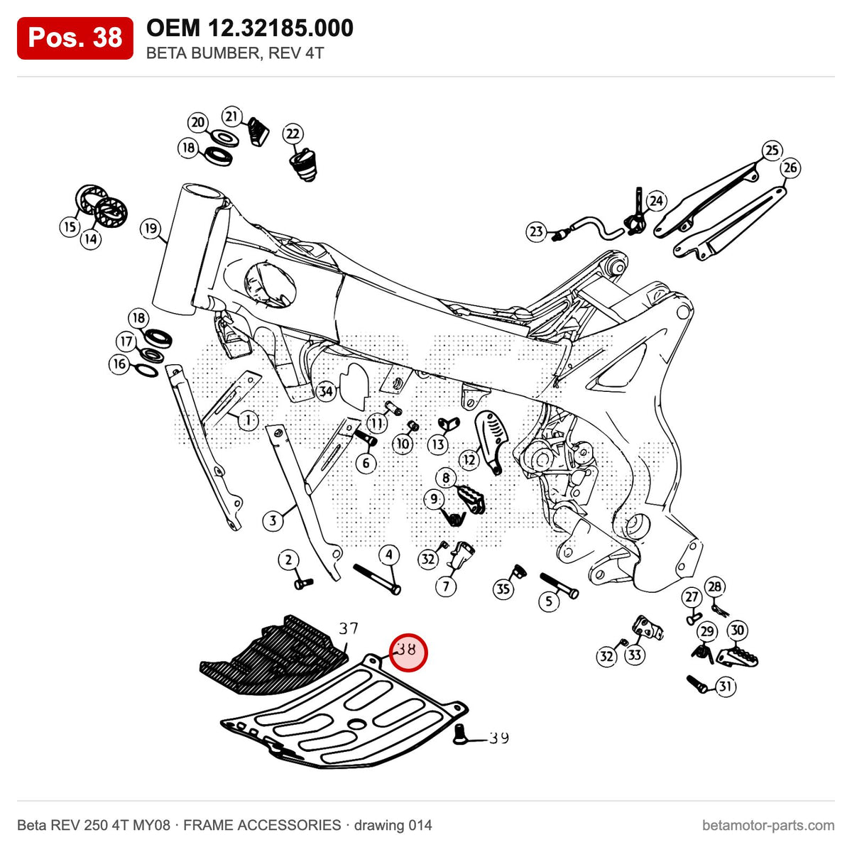 BETA BUMBER, REV 4T – OEM 12.32185.000, position 38 on the Beta REV 250 4T MY08 frame accessories drawing