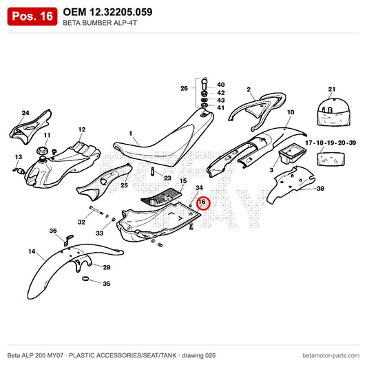 BETA BUMBER ALP-4T – OEM 12.32205.059, position 16 on the Beta ALP 200 MY07 plastic accessories/seat/tank drawing