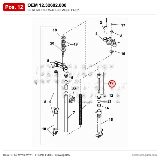 BETA KIT HIDRAULIC SPARES FORK – OEM 12.32602.000, position 12 on the Beta RR 50 MY10-MY11 front fork drawing