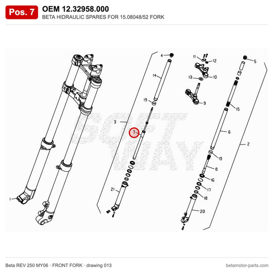 BETA HIDRAULIC SPARES FOR 15.08048/52 FORK – OEM 12.32958.000, position 7 on the Beta REV 250 MY06 front fork drawing