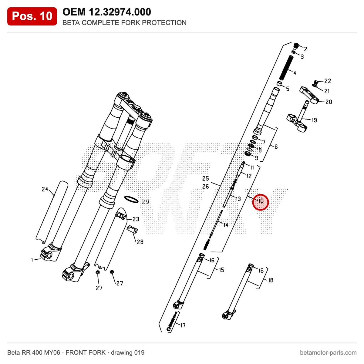 BETA COMPLETE FORK PROTECTION – OEM 12.32974.000, position 10 on the Beta RR 400 MY06 front fork drawing