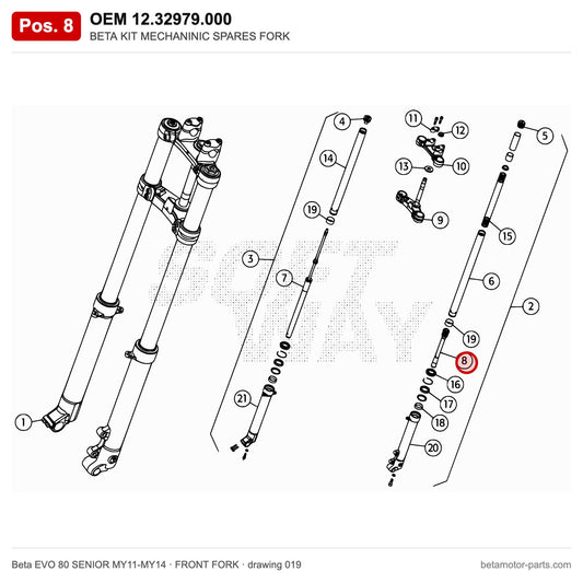 BETA KIT MECHANINIC SPARES FORK – OEM 12.32979.000, position 8 on the Beta EVO 80 SENIOR MY11-MY14 front fork drawing