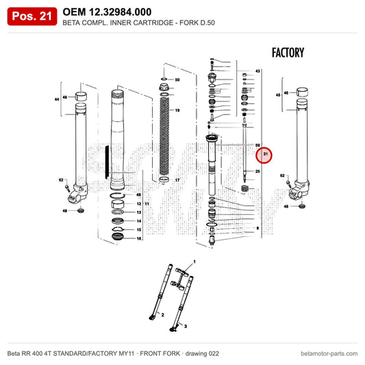 BETA COMPL. INNER CARTRIDGE - FORK D.50 – OEM 12.32984.000, position 21 on the Beta RR 400 4T STANDARD/FACTORY MY11 front fork drawing