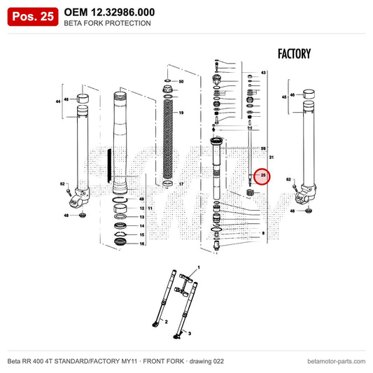 BETA FORK PROTECTION – OEM 12.32986.000, position 25 on the Beta RR 400 4T STANDARD/FACTORY MY11 front fork drawing