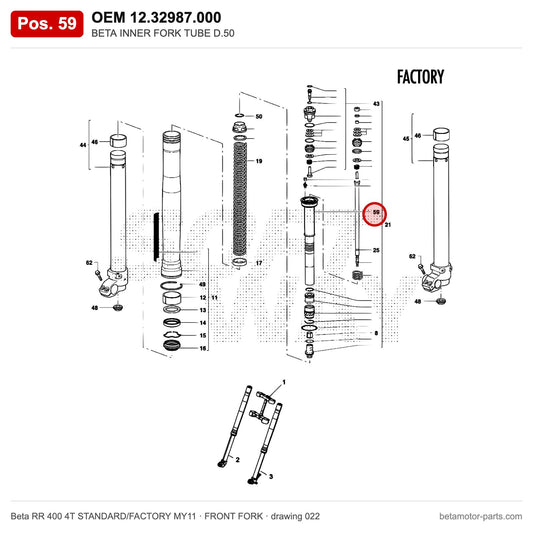 BETA INNER FORK TUBE D.50 – OEM 12.32987.000, position 59 on the Beta RR 400 4T STANDARD/FACTORY MY11 front fork drawing