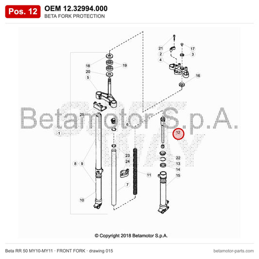 BETA FORK PROTECTION – OEM 12.32994.000, position 12 on the Beta RR 50 MY10-MY11 front fork drawing