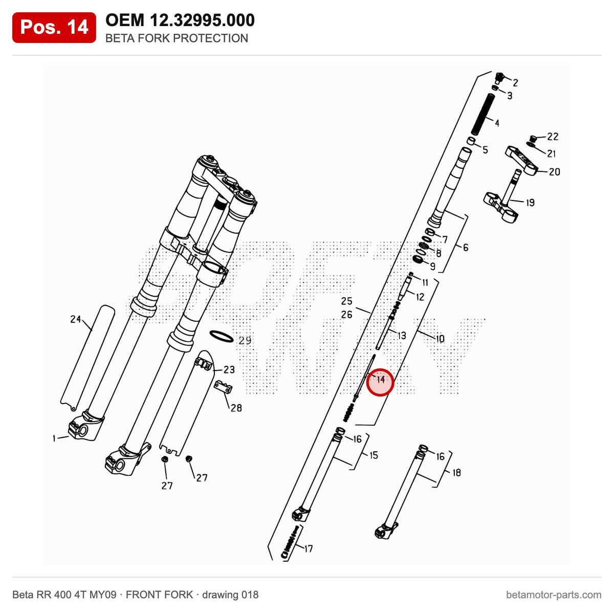 BETA FORK PROTECTION – OEM 12.32995.000, position 14 on the Beta RR 400 4T MY09 front fork drawing