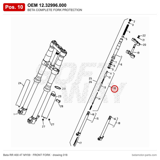 BETA COMPLETE FORK PROTECTION – OEM 12.32996.000, position 10 on the Beta RR 400 4T MY09 front fork drawing