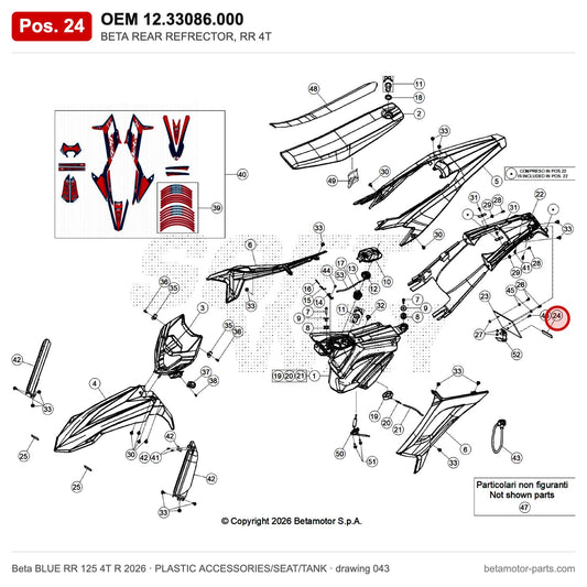 BETA REAR REFRECTOR, RR 4T – OEM 12.33086.000, position 24 on the Beta BLUE RR 125 4T R 2026 plastic accessories/seat/tank drawing
