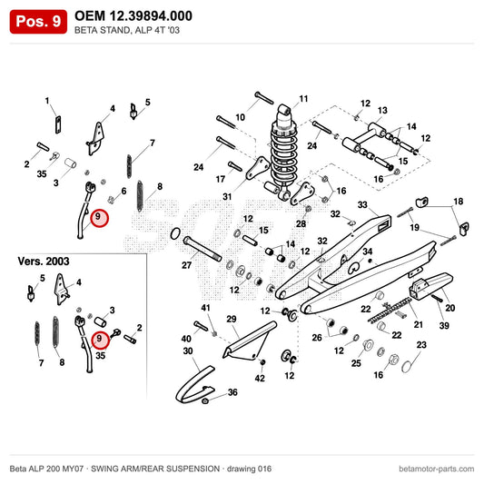 BETA STAND, ALP 4T '03 – OEM 12.39894.000, position 9 on the Beta ALP 200 MY07 swing arm/rear suspension drawing